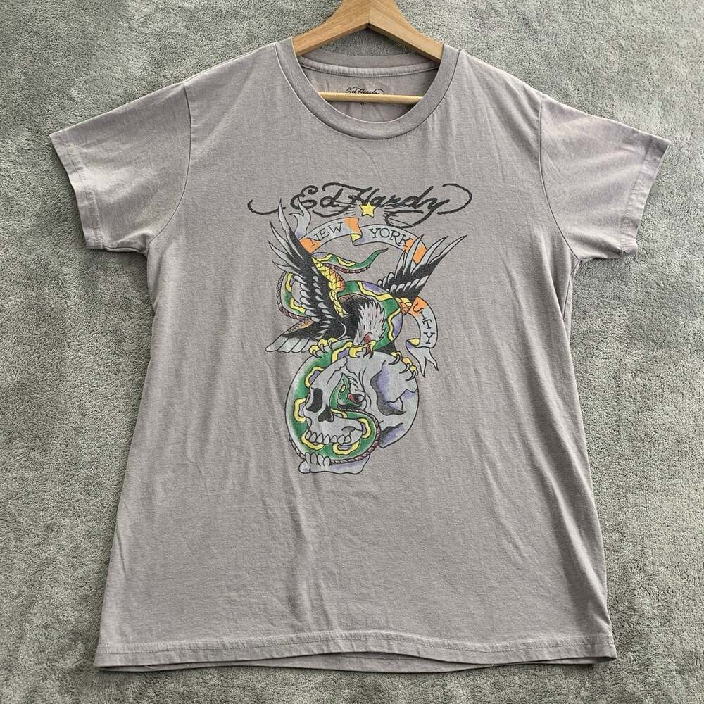 Ed Hardy Shirt Mens Small Gray Eagle Snake New York City Graphic Print Y2K Tee